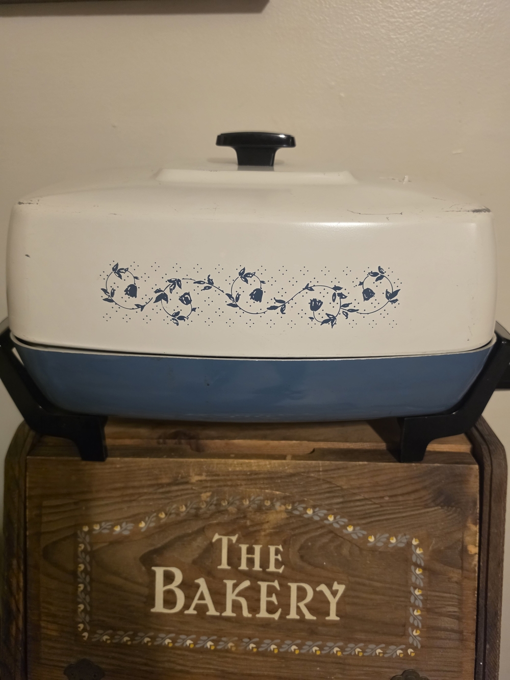 White and Blue Electric Skillet with Floral Accent